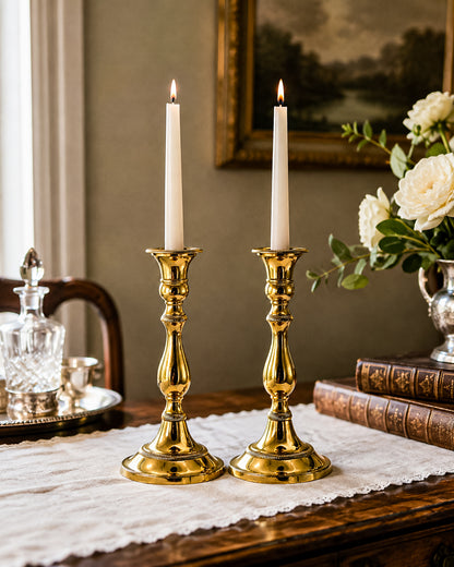 Vintage Heavy Brass Candlestick Holders with Rope Twist Detail, Baluster Stem Taper Candle Holders, Pair