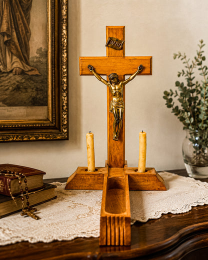 Vintage Catholic Sick Call Last Rites Crucifix Set, Wood Cross with Hidden Compartment, Holy Water Bottle and Beeswax Candles