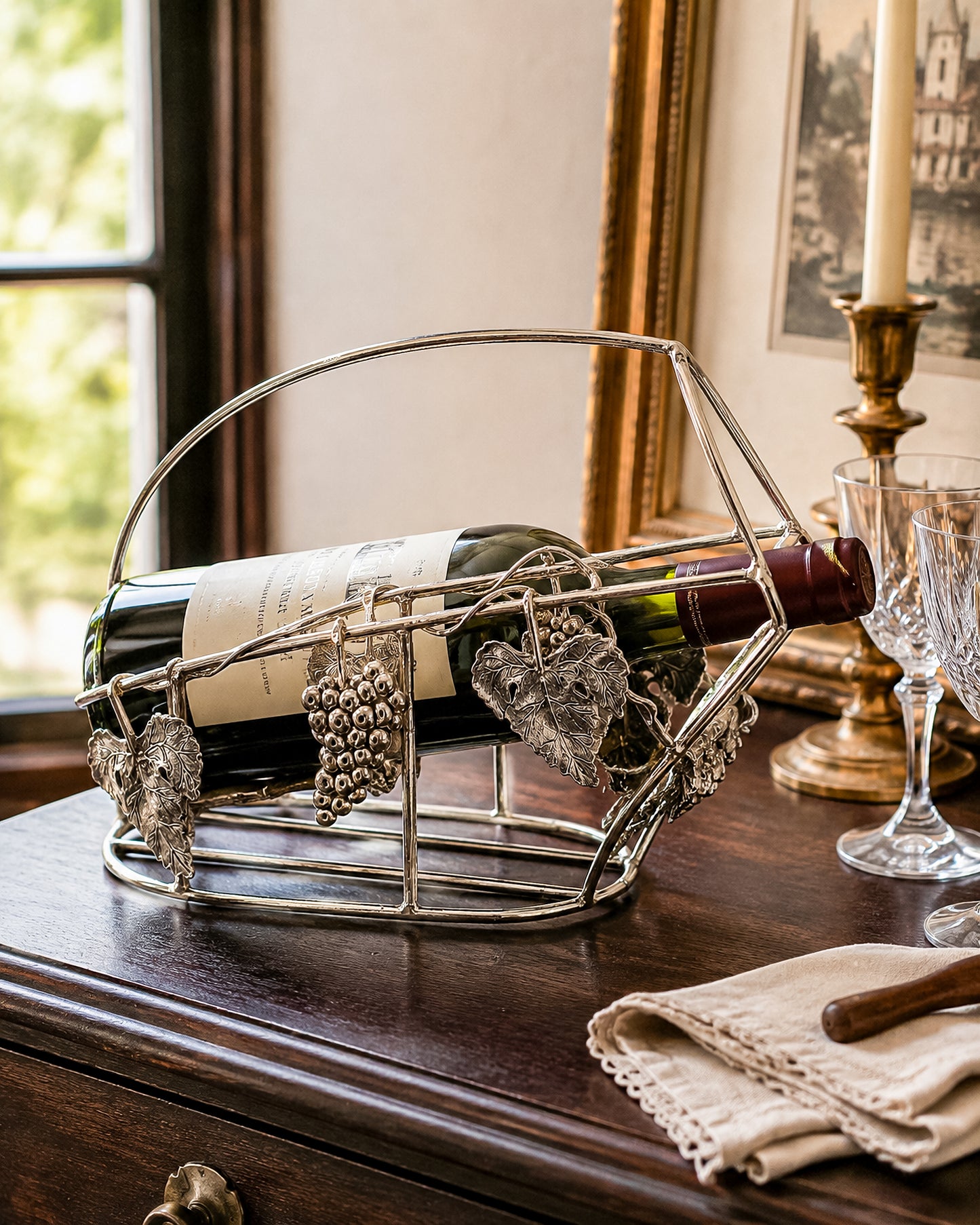 Vintage Godinger Silver Plated Wine Bottle Cradle with Grapevine Motif, Ornate Vine Leaf and Grape Cluster Wine Server