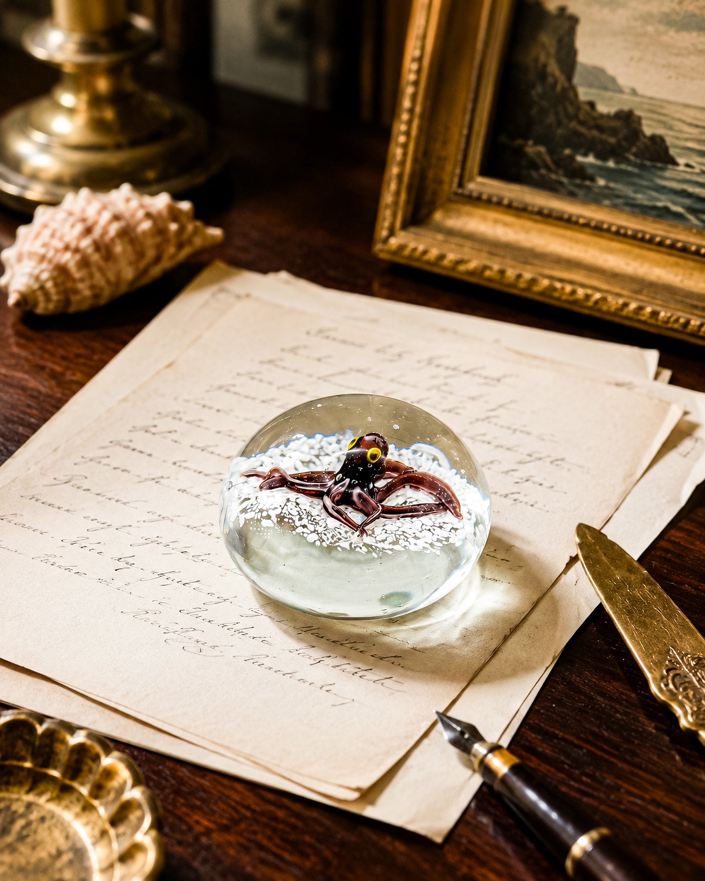 Vintage Art Glass Paperweight with Lampwork Octopus, Burgundy Octopus over White Bubble Ground, Collectible Glass Paperweight