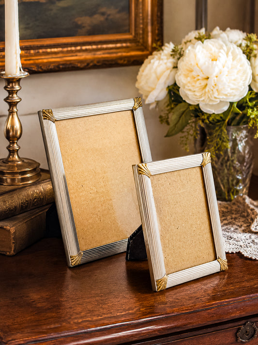Vintage Art Deco Pewter Tone Picture Frames with Gold Tone Corner Mounts, Reeded Column Detail, Matched Pair of Two Sizes