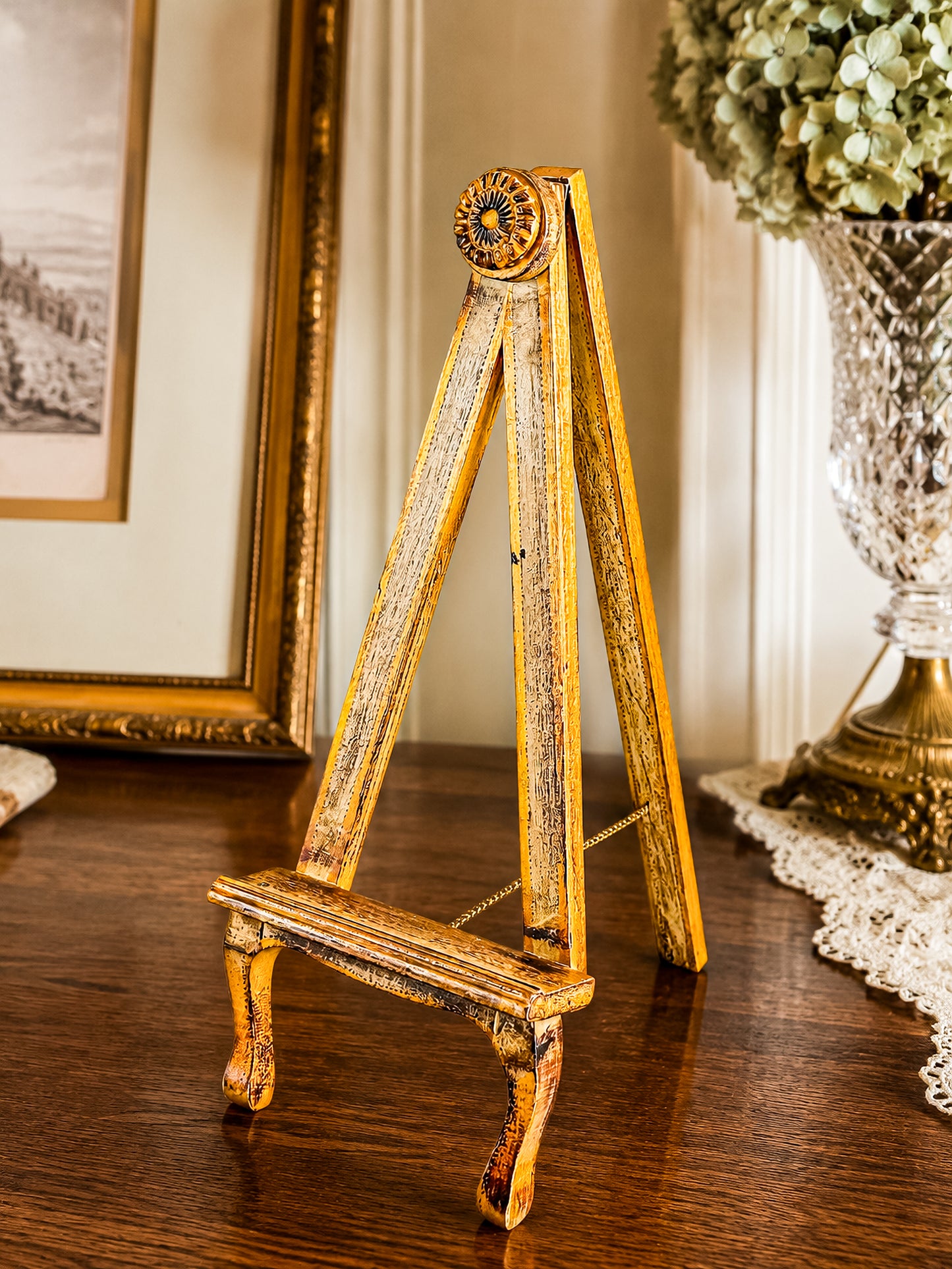 Vintage Florentine Style Wood Tabletop Easel with Gold Patina, Carved Rosette Pivot and Scrolled Feet, Art Stand Picture Holder