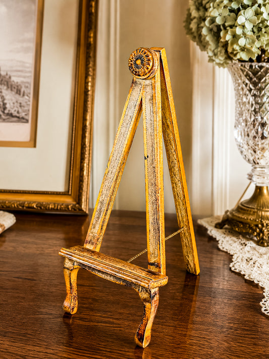 Vintage Florentine Style Wood Tabletop Easel with Gold Patina, Carved Rosette Pivot and Scrolled Feet, Art Stand Picture Holder