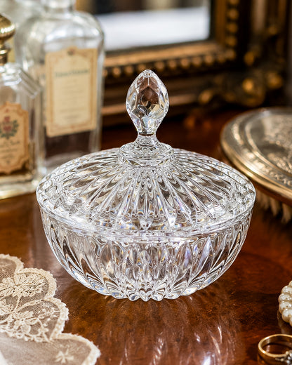 Vintage Crystal Lidded Dish with Diamond Finial, Cut Glass Vanity Dish with Radiating Vertical Cuts and Domed Lid