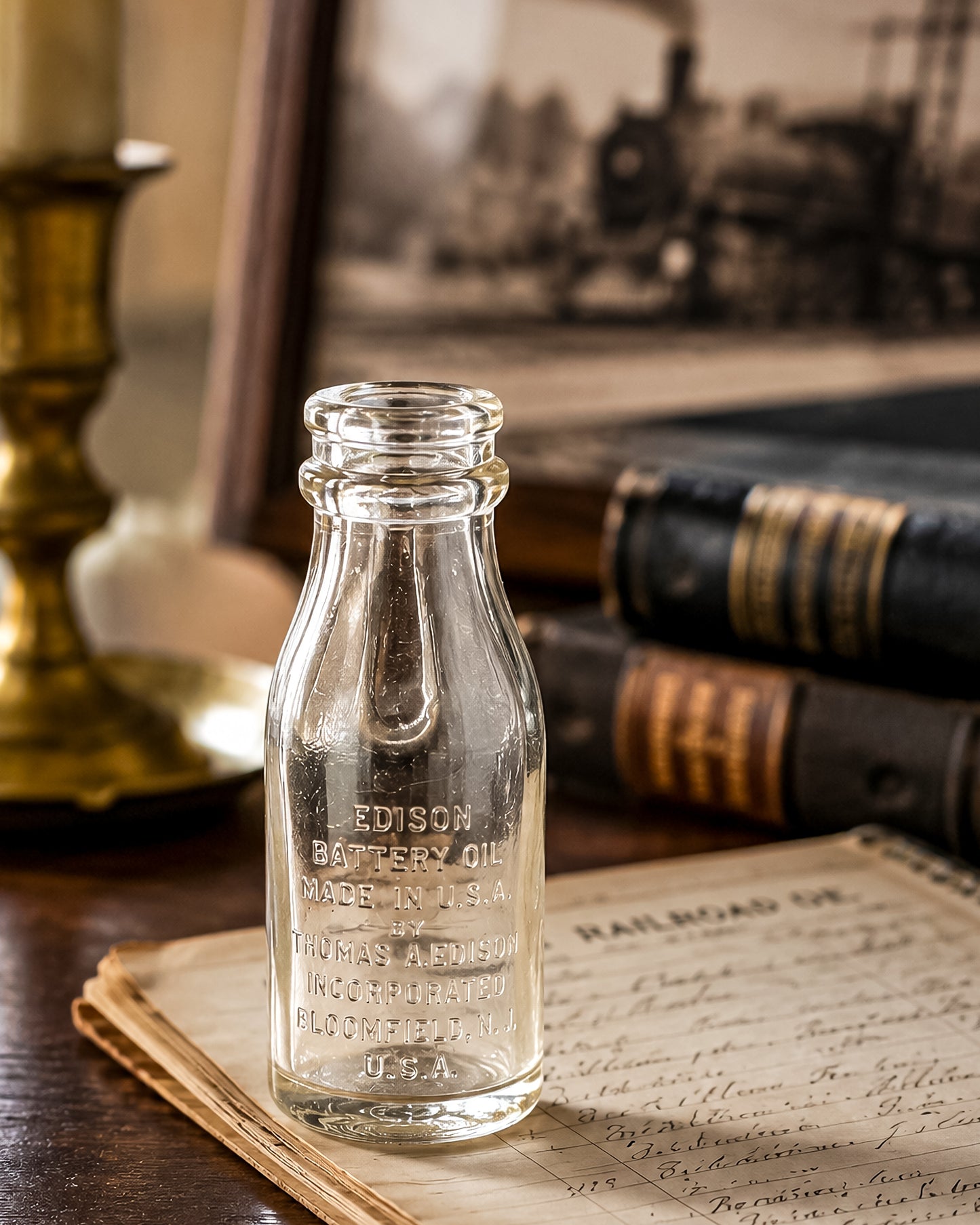 Vintage Thomas A. Edison Battery Oil Bottle, Embossed Glass Railroad Crossing Signal Bottle, Bloomfield NJ Industrial Americana