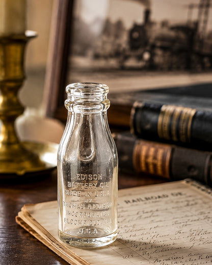 Vintage Thomas A. Edison Battery Oil Bottle, Embossed Glass Railroad Crossing Signal Bottle, Bloomfield NJ Industrial Americana