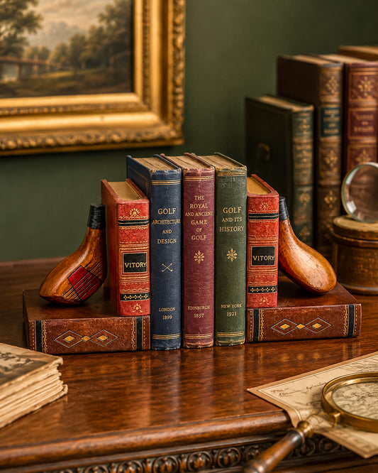 Vintage Persimmon Wood Golf Club Head Bookends on Faux Book Base, Novelty Golf Decor, Mid Century Library Accent