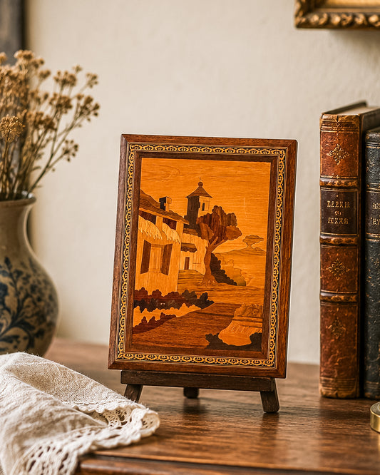 Vintage Italian Marquetry Wood Wall Art, Sorrento Inlaid Landscape Plaque with Ornate Border, Mid Century Handmade Decor