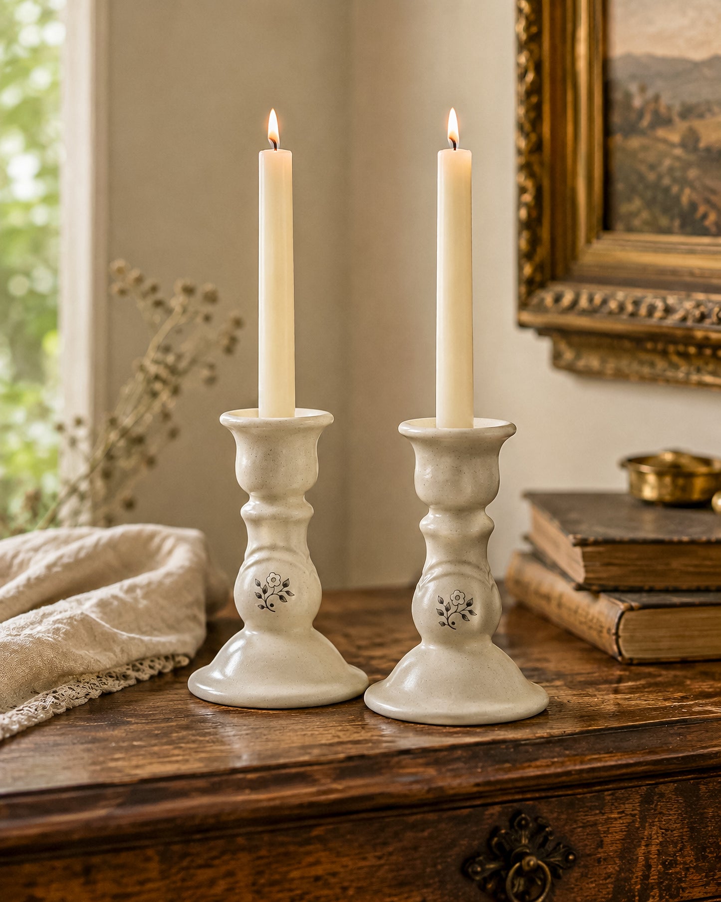 Vintage Pfaltzgraff Heirloom Pattern Candlestick Holders, Pair of Retired 1984 Ceramic Taper Candle Holders