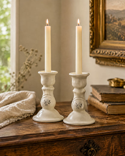 Vintage Pfaltzgraff Heirloom Pattern Candlestick Holders, Pair of Retired 1984 Ceramic Taper Candle Holders