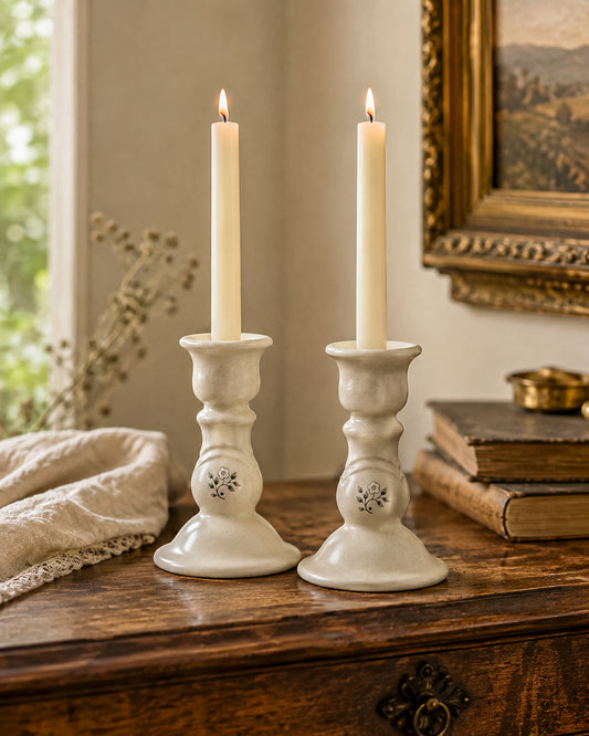 Vintage Pfaltzgraff Heirloom Pattern Candlestick Holders, Pair of Retired 1984 Ceramic Taper Candle Holders