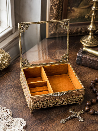 Vintage Gold Filigree Vanity Jewelry Casket with Beveled Glass Lid and Ring Roll, 1950s