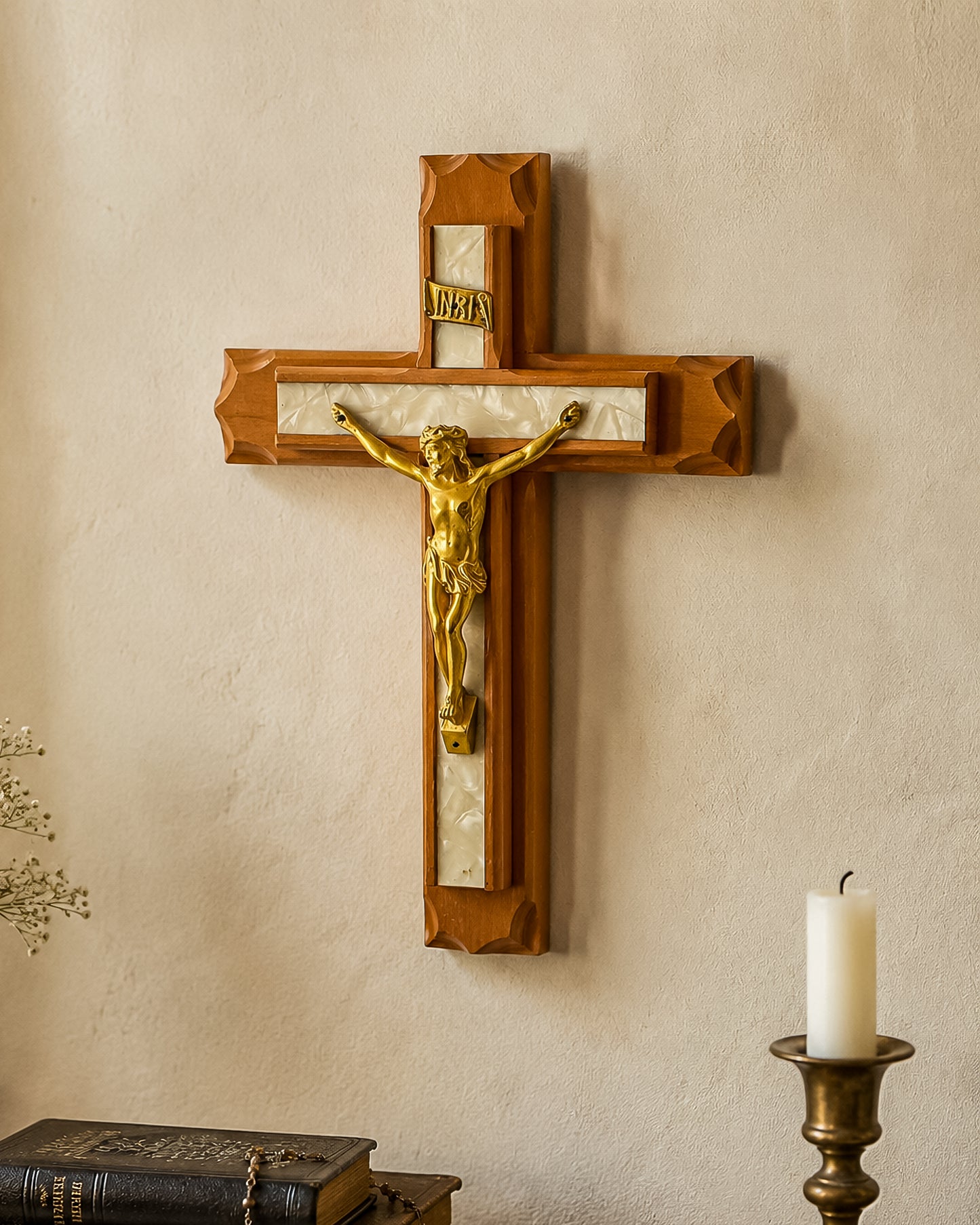 Vintage Sick Call Last Rites Crucifix with Hidden Compartment and Faux Pearl Panels, 12 Inches