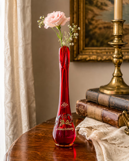 Viking Glass Amberina Swung Bud Vase with 40th Anniversary Doves Decoration, Made in USA