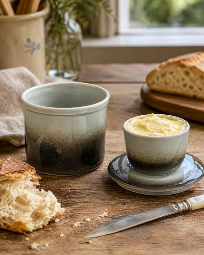 Smoky Charcoal Glazed Ceramic Butter Bell Crock with Lid, French Butter Keeper for Countertop