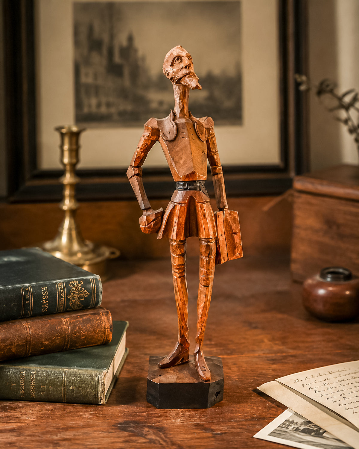 Ouro Artesania Hand-Carved Wood Don Quixote Sculpture, Made in Spain, Vintage Spanish Folk Art