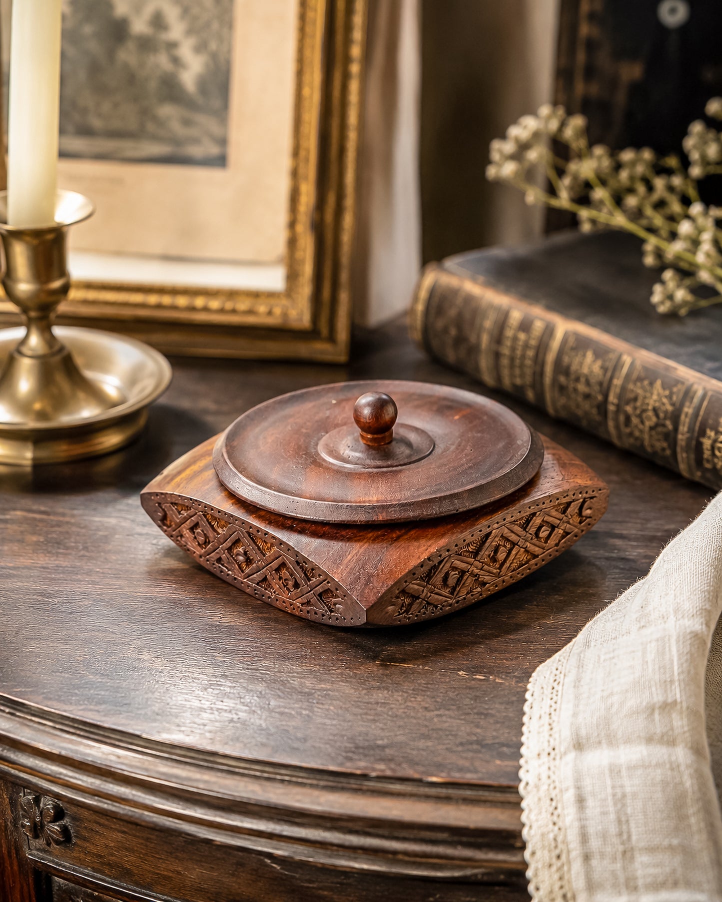 Vintage Hand-Carved Sheesham Wood Lidded Box with Geometric Diamond Border