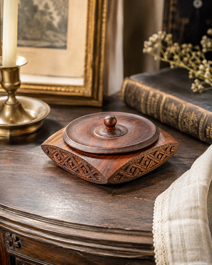Vintage Hand-Carved Sheesham Wood Lidded Box with Geometric Diamond Border