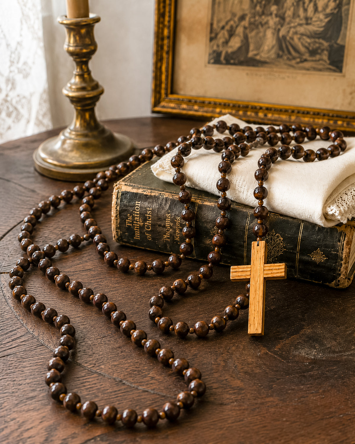 Vintage Wood Bead Monastic Rosary with Cross, 40 Inches Long
