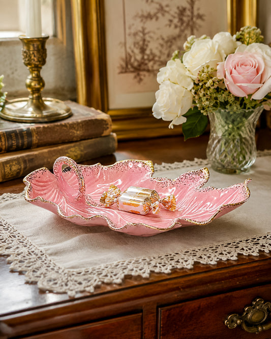 Vintage California Originals Pink Ceramic Maple Leaf Dish with Gold Speckle Edges and Loop Handle