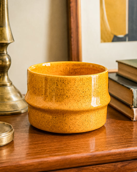 Haeger Pottery No. 66 Golden Mustard Amber Speckle Glaze Cylindrical Planter, Mid Century USA Ceramic