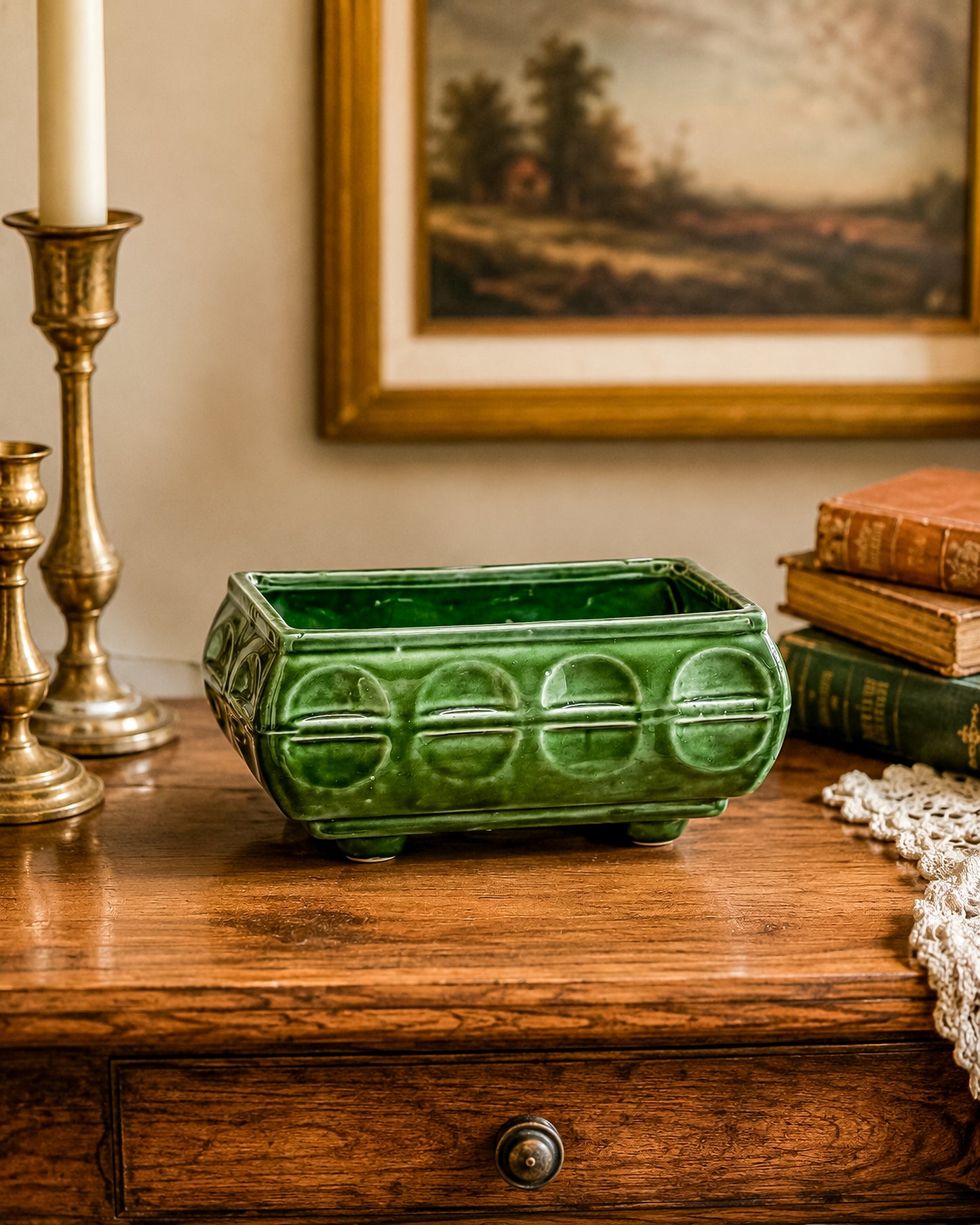 Vintage Cookson Pottery No. 557 Forest Green Rectangular Window Box Planter with Inset Oval Design