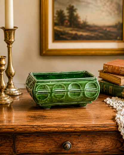 Vintage Cookson Pottery No. 557 Forest Green Rectangular Window Box Planter with Inset Oval Design