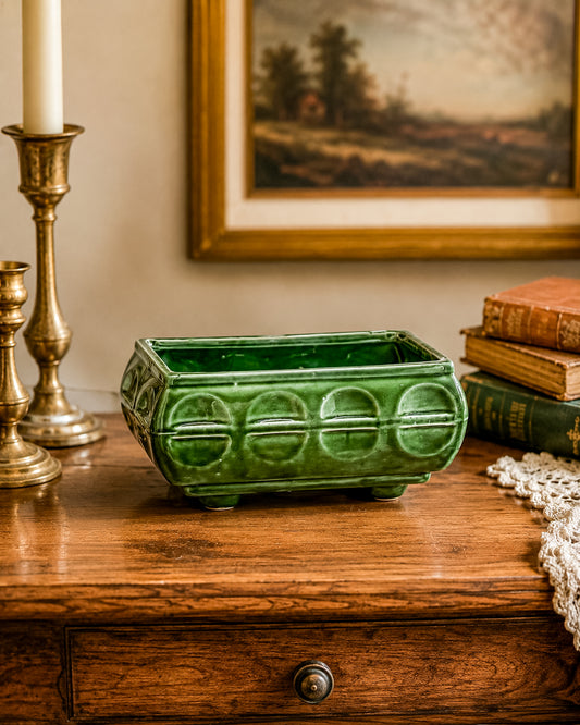 Vintage Cookson Pottery No. 557 Forest Green Rectangular Window Box Planter with Inset Oval Design