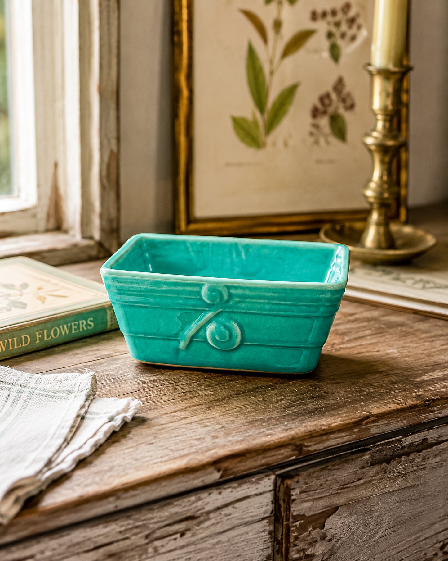Vintage 1940s–50s Aqua Crackle Glaze Rectangular Ceramic Planter with Raised Scroll Design, Unmarked USA Art Pottery
