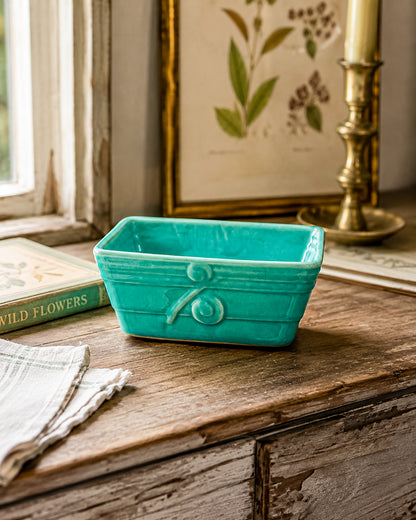 Vintage 1940s–50s Aqua Crackle Glaze Rectangular Ceramic Planter with Raised Scroll Design, Unmarked USA Art Pottery