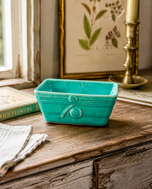 Vintage 1940s–50s Aqua Crackle Glaze Rectangular Ceramic Planter with Raised Scroll Design, Unmarked USA Art Pottery