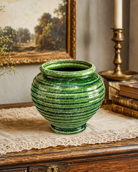 Vintage Hull Pottery Green Ribbed Beehive Urn Vase No. 419, Mid Century USA Ceramic Planter