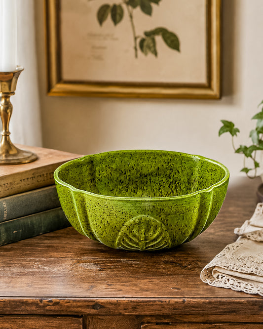 Vintage Haeger Pottery Green Speckled Ceramic Planter Bowl with Embossed Leaf Design