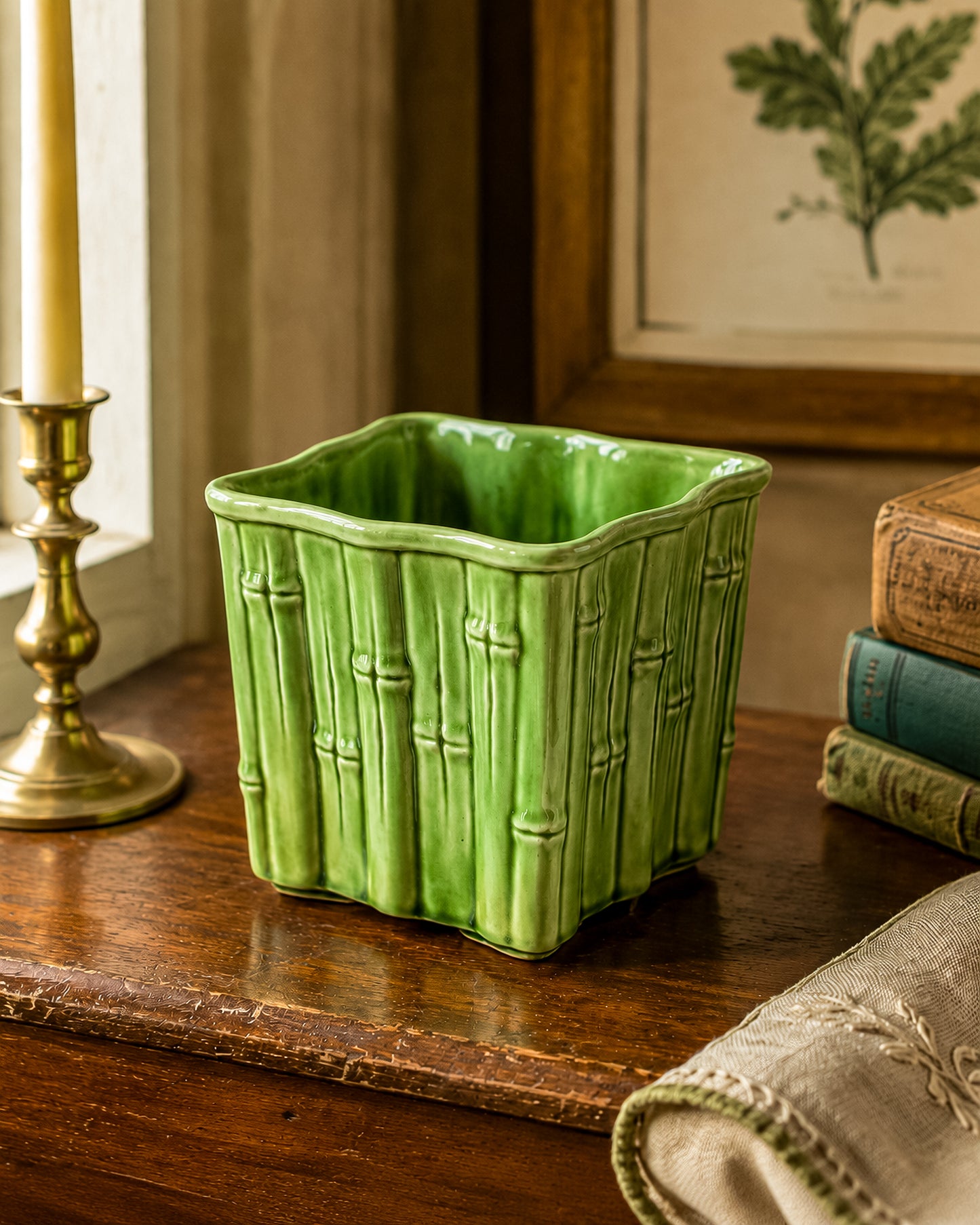 Shawnee Pottery Bamboo Jardiniere Planter in Celadon Green, Square Vase Stamped USA 4055