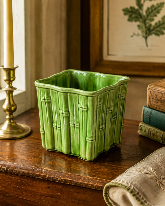 Shawnee Pottery Bamboo Jardiniere Planter in Celadon Green, Square Vase Stamped USA 4055