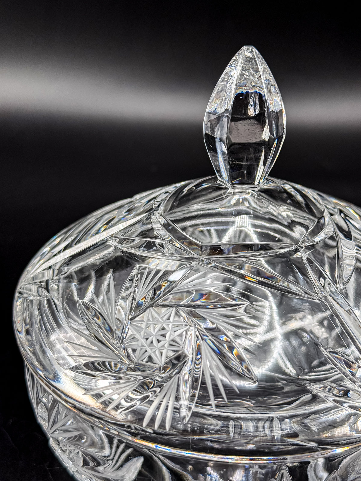 Vintage Bohemian Czech Hand-Cut Crystal Lidded Candy Dish with Pinwheel and Fan Pattern