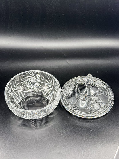 Vintage Bohemian Czech Hand-Cut Crystal Lidded Candy Dish with Pinwheel and Fan Pattern