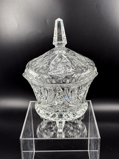 Vintage Bohemian Czech Hand-Cut Crystal Footed Lidded Candy Dish, Pinwheel and Fan, Flea Bite Chip