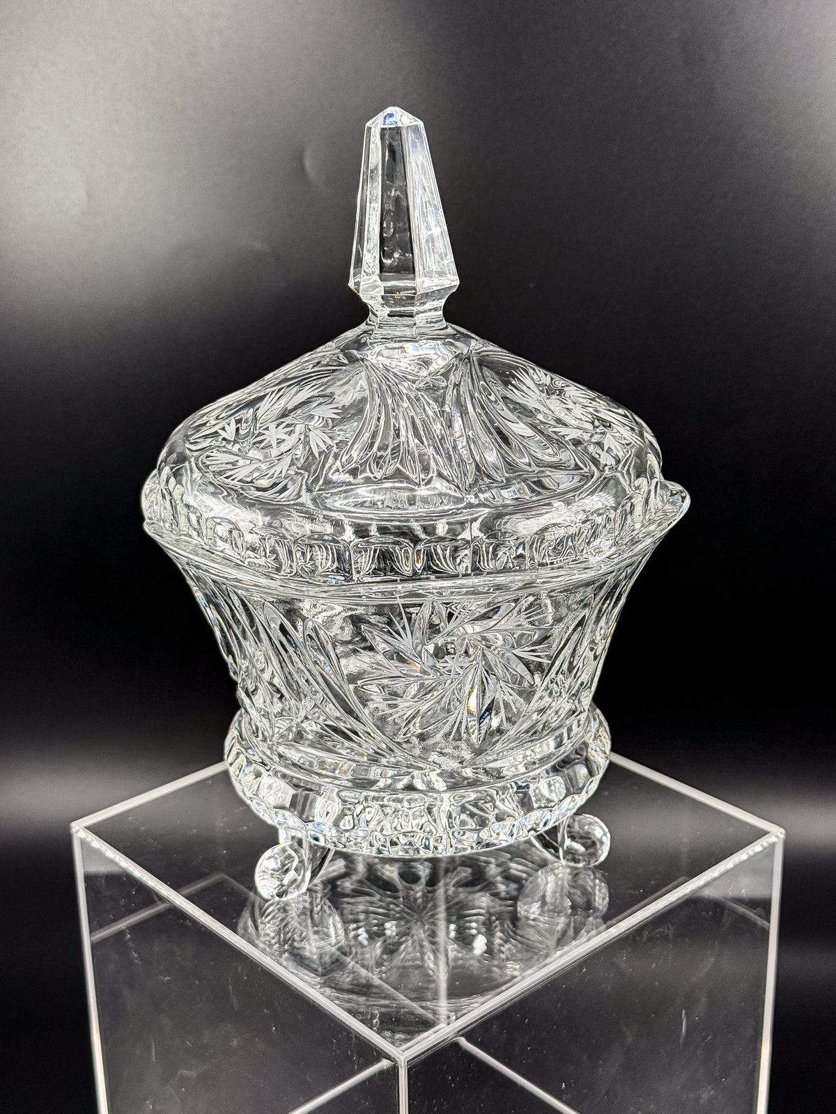Vintage Bohemian Czech Hand-Cut Crystal Footed Lidded Candy Dish, Pinwheel and Fan, Flea Bite Chip