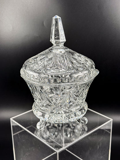 Vintage Bohemian Czech Hand-Cut Crystal Footed Lidded Candy Dish, Pinwheel and Fan, Flea Bite Chip