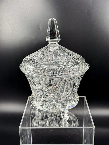 Vintage Bohemian Czech Hand-Cut Crystal Footed Lidded Candy Dish, Pinwheel and Fan, Flea Bite Chip