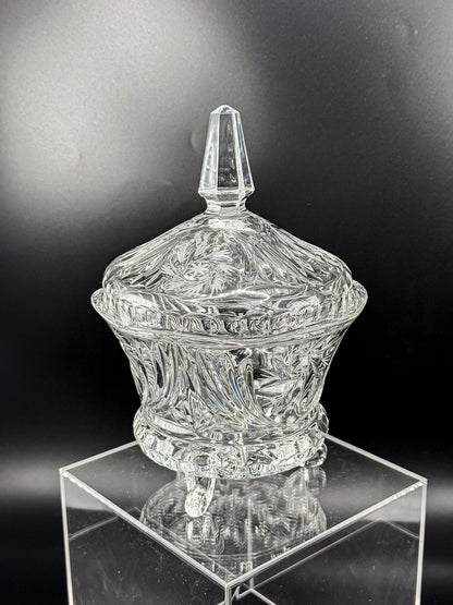Vintage Bohemian Czech Hand-Cut Crystal Footed Lidded Candy Dish, Pinwheel and Fan, Flea Bite Chip
