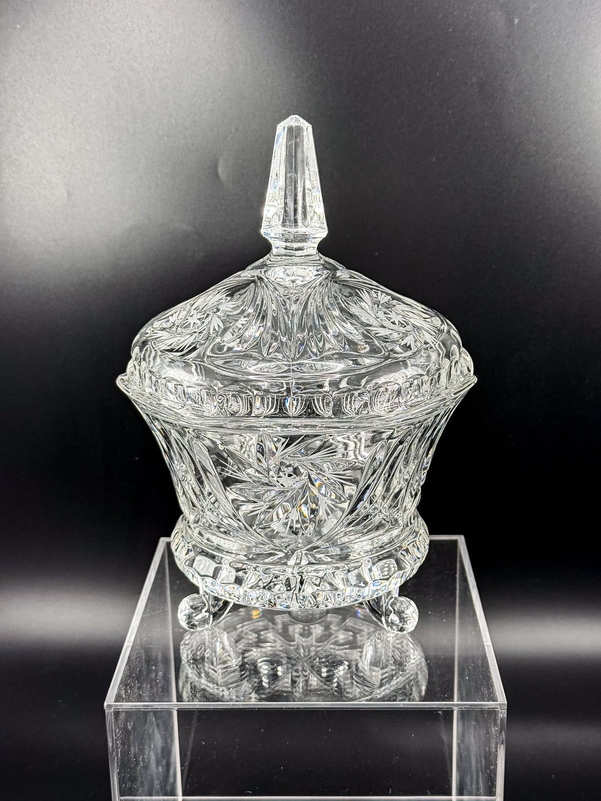 Vintage Bohemian Czech Hand-Cut Crystal Footed Lidded Candy Dish, Pinwheel and Fan, Flea Bite Chip