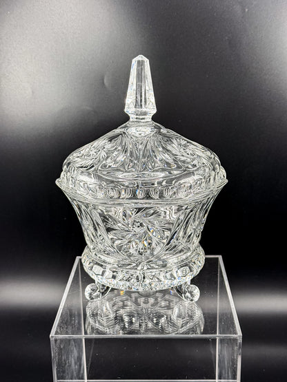 Vintage Bohemian Czech Hand-Cut Crystal Footed Lidded Candy Dish, Pinwheel and Fan, Flea Bite Chip
