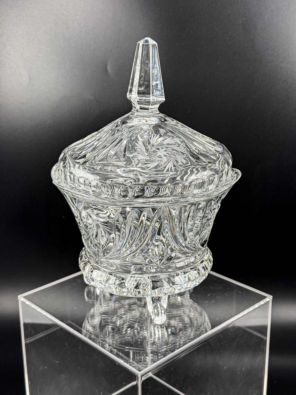 Vintage Bohemian Czech Hand-Cut Crystal Footed Lidded Candy Dish, Pinwheel and Fan, Flea Bite Chip
