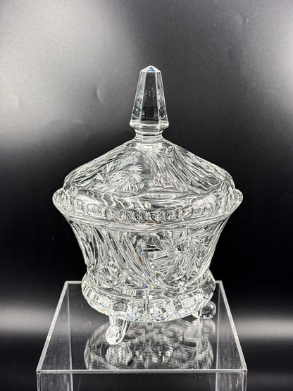 Vintage Bohemian Czech Hand-Cut Crystal Footed Lidded Candy Dish, Pinwheel and Fan, Flea Bite Chip