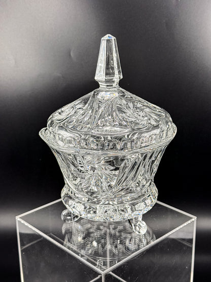 Vintage Bohemian Czech Hand-Cut Crystal Footed Lidded Candy Dish, Pinwheel and Fan, Flea Bite Chip