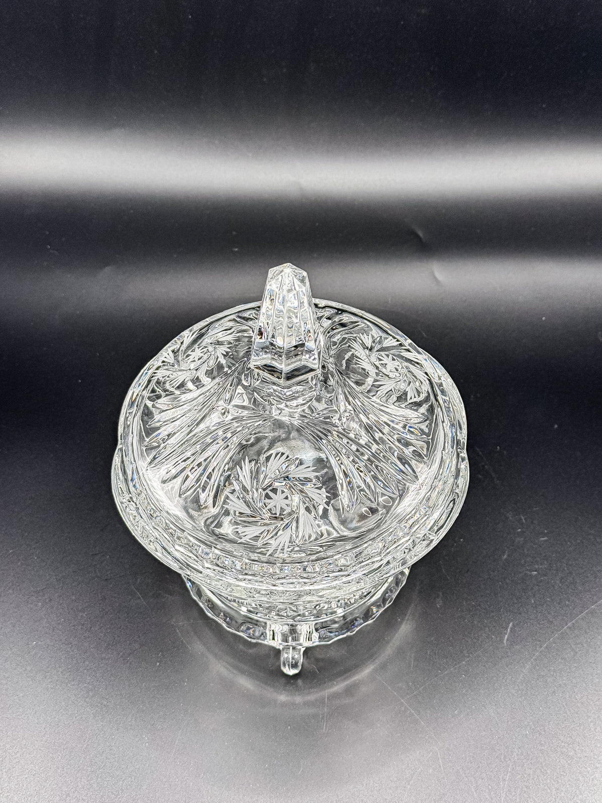 Vintage Bohemian Czech Hand-Cut Crystal Footed Lidded Candy Dish, Pinwheel and Fan, Flea Bite Chip