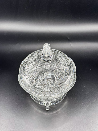 Vintage Bohemian Czech Hand-Cut Crystal Footed Lidded Candy Dish, Pinwheel and Fan, Flea Bite Chip