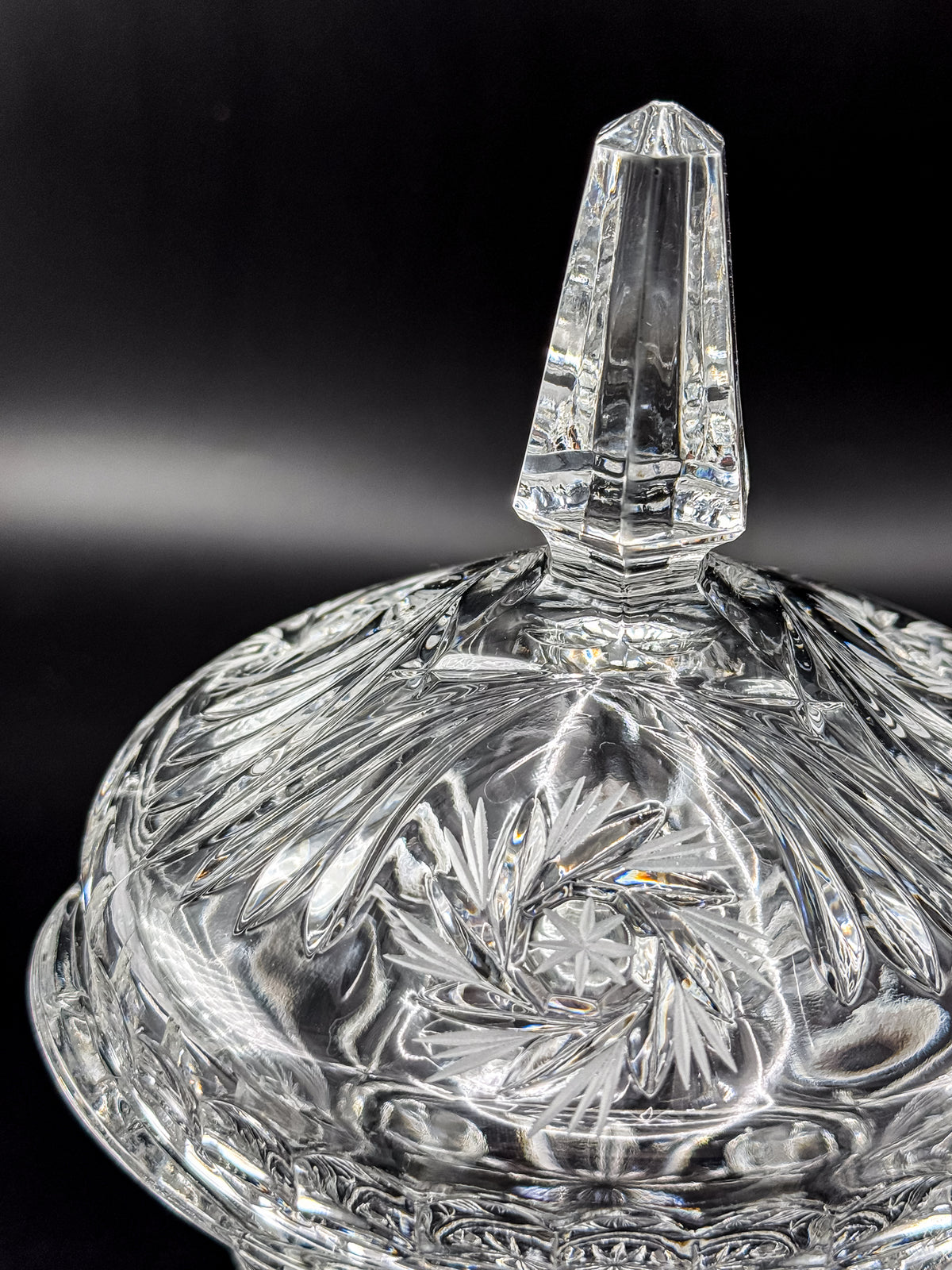 Vintage Bohemian Czech Hand-Cut Crystal Footed Lidded Candy Dish, Pinwheel and Fan, Flea Bite Chip